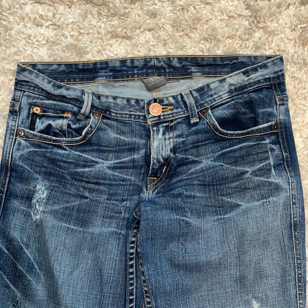 Armani Exchange AX Womens Distressed Straight Leg Jeans Medium Wash Blue Size 32
